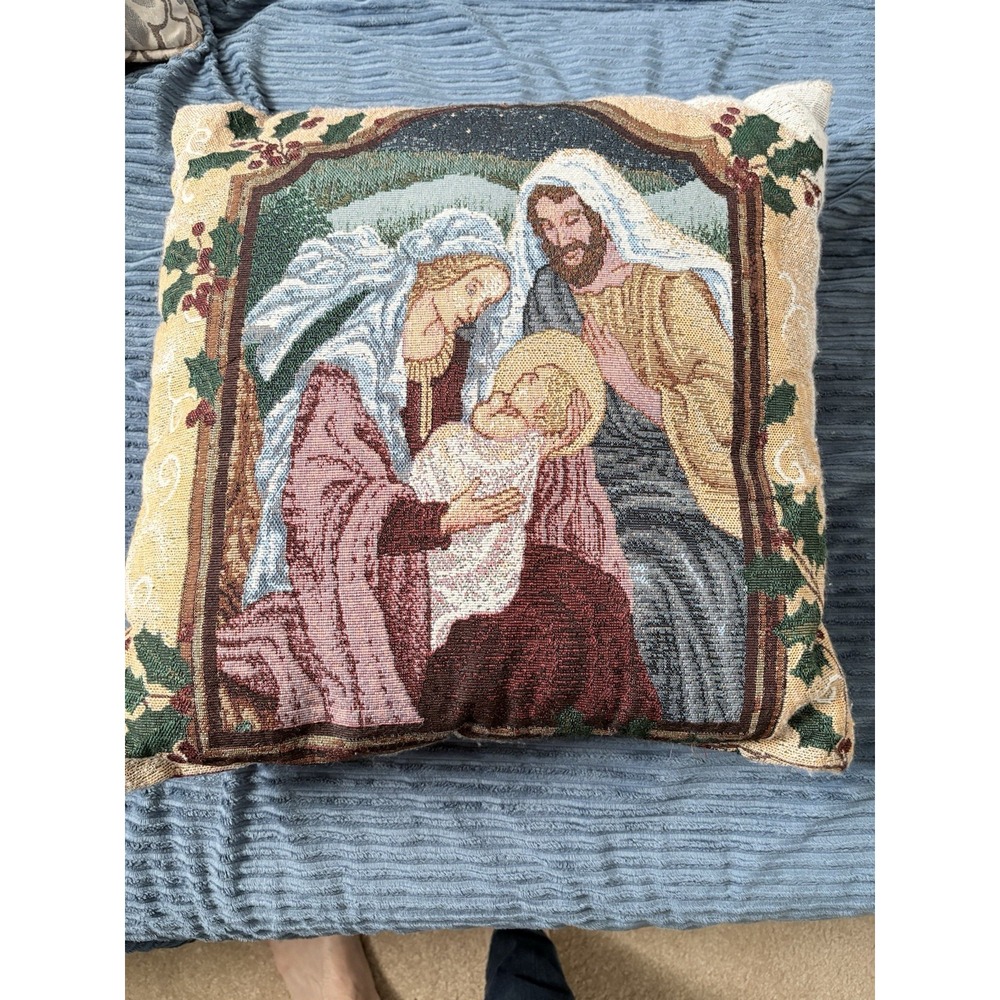 Vintage Nativity Tapestry Throw Pillow Holy Family Christmas Decor Burgundy 15"